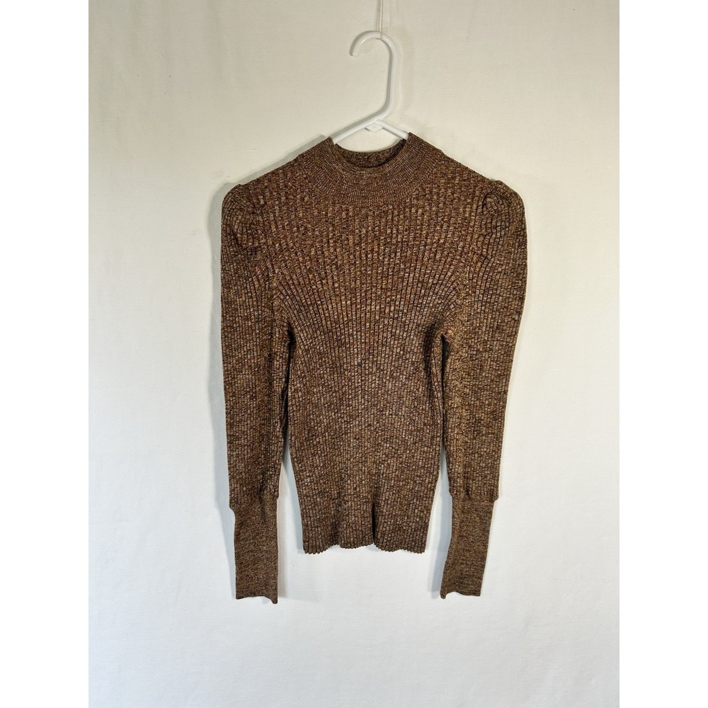 Who What Wear Ribbed Puff Shoulder Mock Neck Sweater Brown Marled Knit Medium